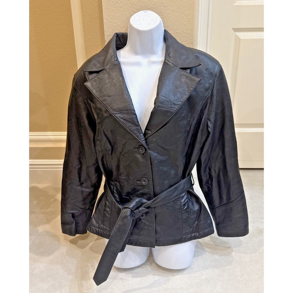Wilsons Leather Black Leather Belted Jacket Womens Sz M Blazer Button Up Coat